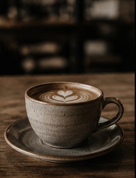 Ein Kaffee mit Latte Art auf einem Holztisch